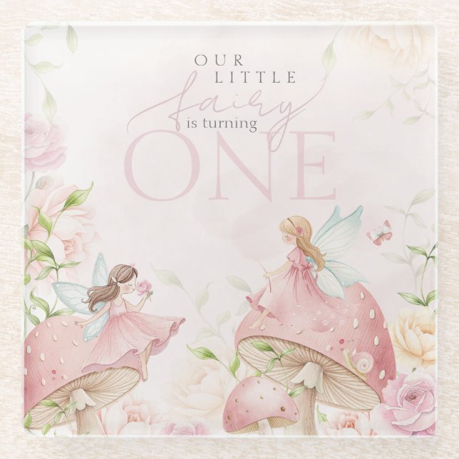 Posavasos De Vidrio Pink Fairy Mushroom Floral Garden 1st Birthday (Anverso)
