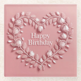 Posavasos De Vidrio Pink Happy Birthday Flowers Heart Glass Coaster