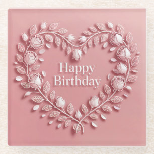 Posavasos De Vidrio Pink Happy Birthday Flowers Heart Glass Coaster