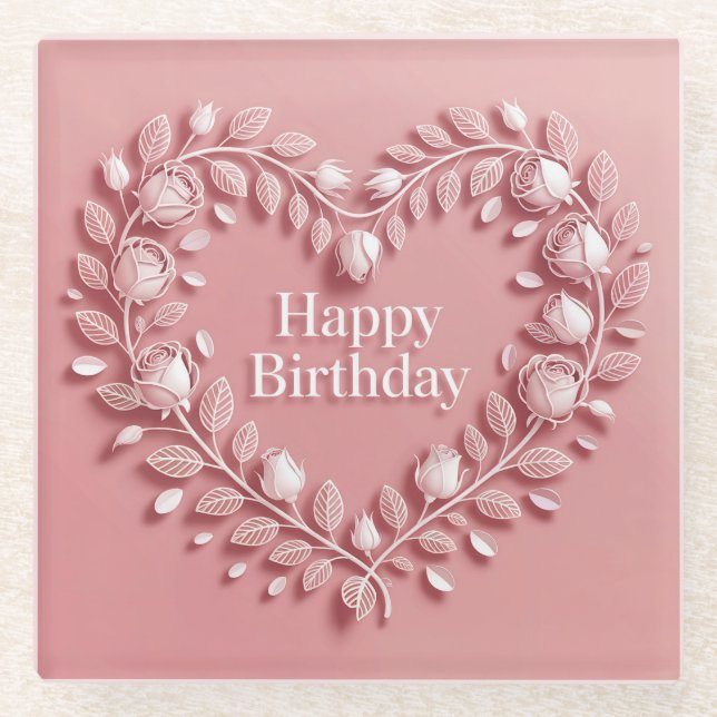 Posavasos De Vidrio Pink Happy Birthday Flowers Heart Glass Coaster (Anverso)