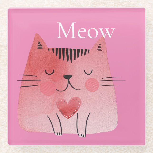 Posavasos De Vidrio Pink Meow Cat (Anverso)