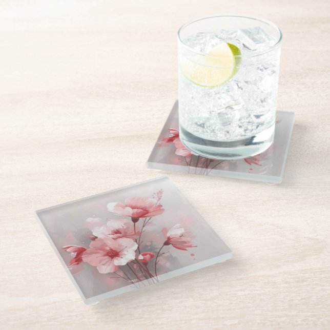 Posavasos De Vidrio Pink, White, and Gray Foral (Angular)