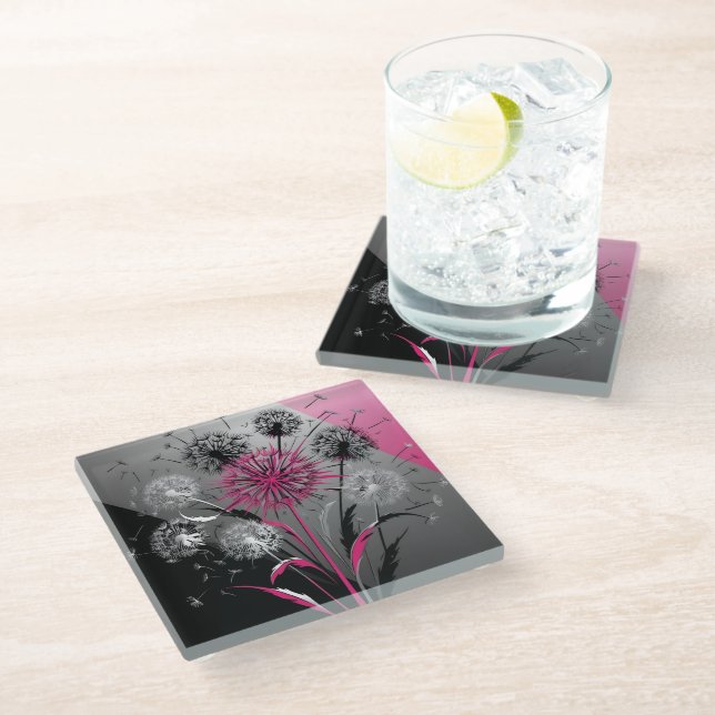 Posavasos De Vidrio Pink, White Black Dandelions  (Angular)