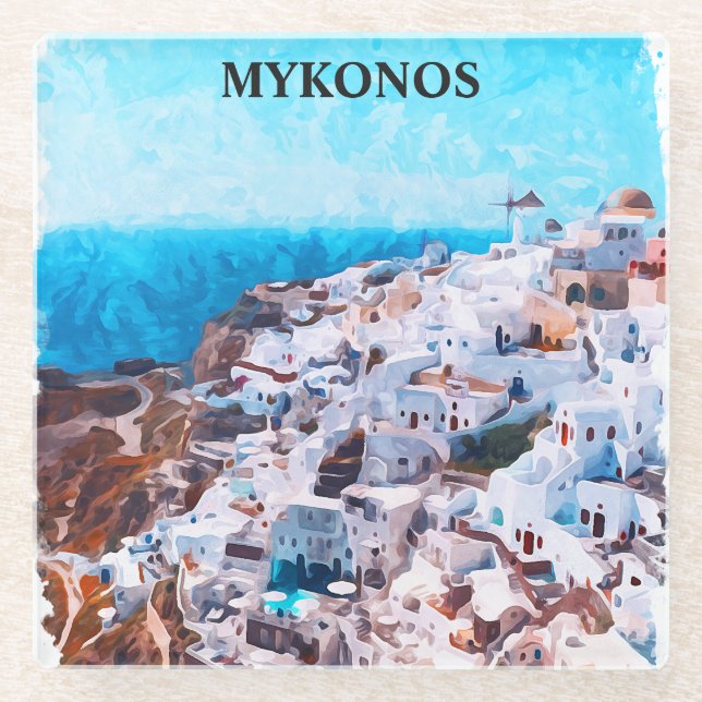Posavasos De Vidrio Pintado de acuarela de Mykonos Grecia (Anverso)