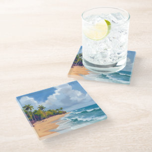 Posavasos De Vidrio Pintura Acuarela de la Costa del Océano de Hawái P