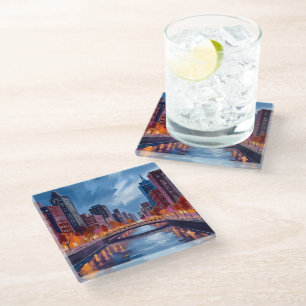 Posavasos De Vidrio Pintura Acuarela de Noches de Ciudad