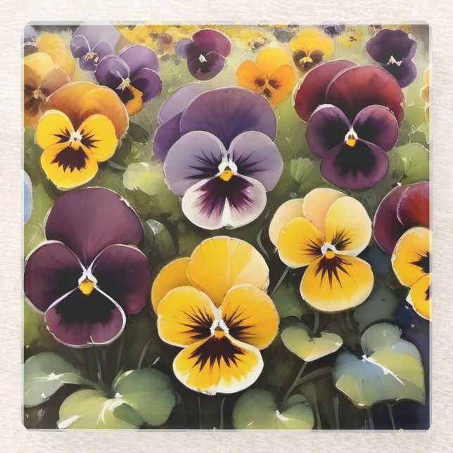 Posavasos De Vidrio Pintura acuarela de tonos amarillos y morados (Anverso)