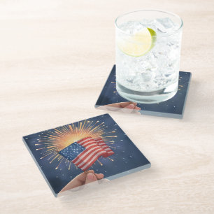 Posavasos De Vidrio Pintura acuarela patriótica de la bandera american