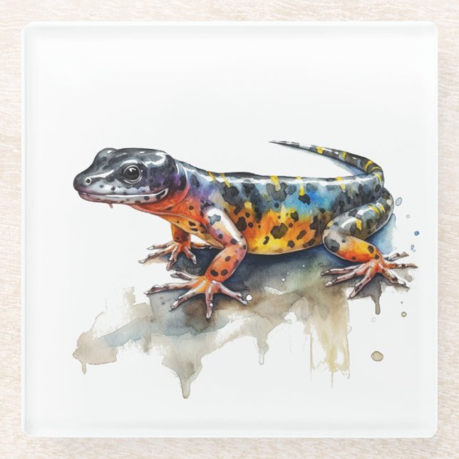 Posavasos De Vidrio Pintura acuática de una salamandra colorida (Anverso)