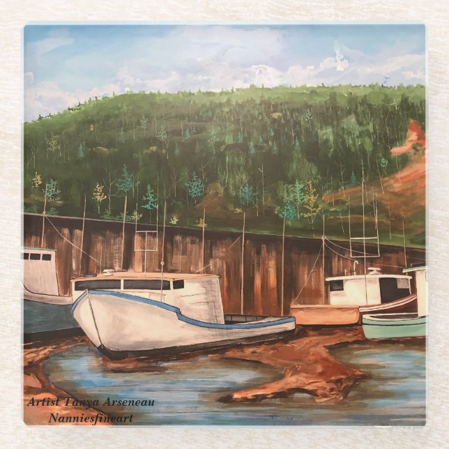 Posavasos De Vidrio Pintura artesanal original de la aldea pesquera (Anverso)