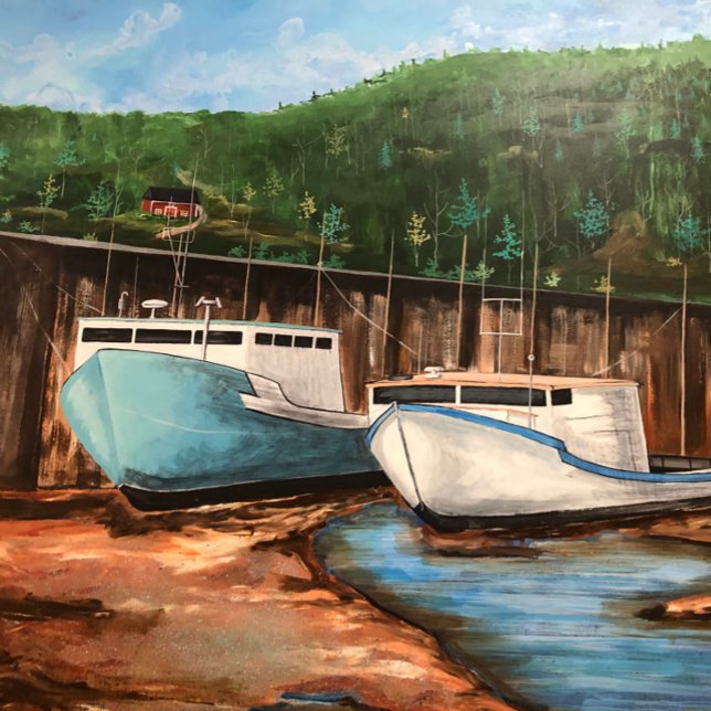 Posavasos De Vidrio Pintura artesanal original de la aldea pesquera (Fishing Village At Low Tide. Unique Acrylic Painting, Serene,, I enjoyed Painting this.)