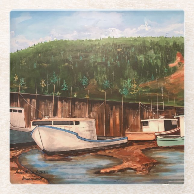 Posavasos De Vidrio Pintura artesanal original de la aldea pesquera (Anverso)