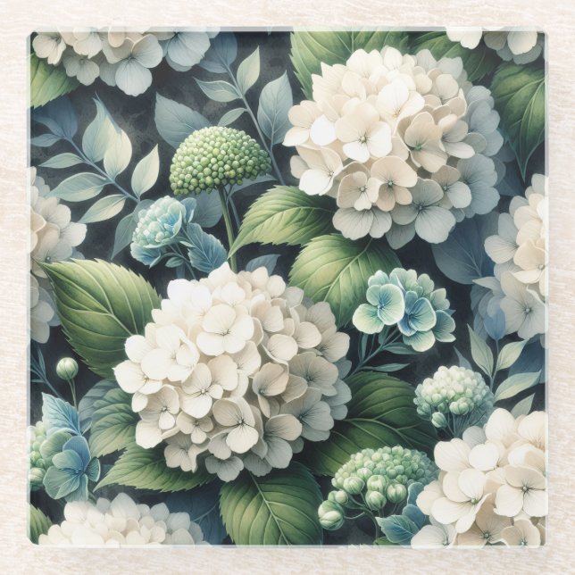 Posavasos De Vidrio Pintura botánica de Hydrangea blanca (Anverso)