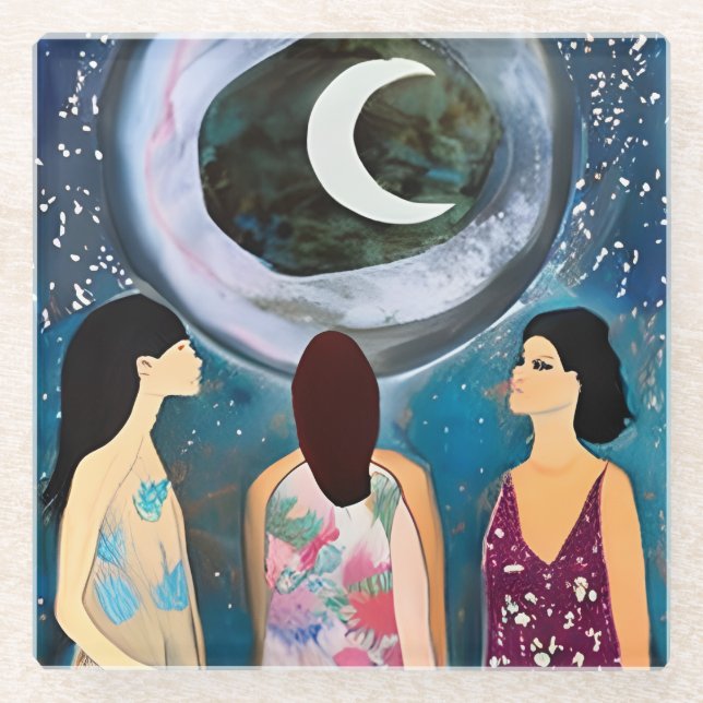 Posavasos De Vidrio Pintura celeste | Mujeres mirando a la luna (Anverso)