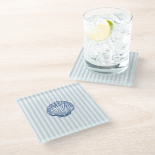 Posavasos De Vidrio Pintura costera de conchas Pinstripe náutico 
