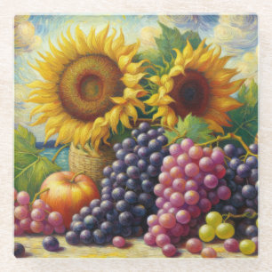 Posavasos De Vidrio Pintura de aceite de uvas y girasoles
