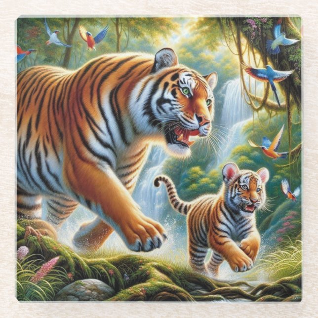 Posavasos De Vidrio Pintura de armonía de la jungla tropical (Anverso)