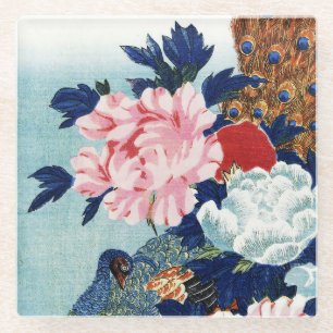 Posavasos De Vidrio Pintura de flores de pavo real y peonías vintage