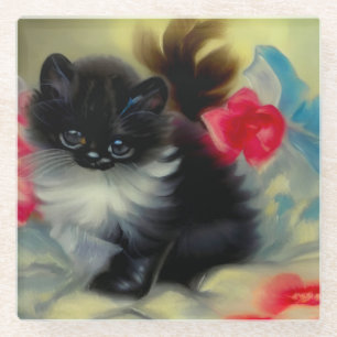Posavasos De Vidrio Pintura de gatito blanco y negro vintage