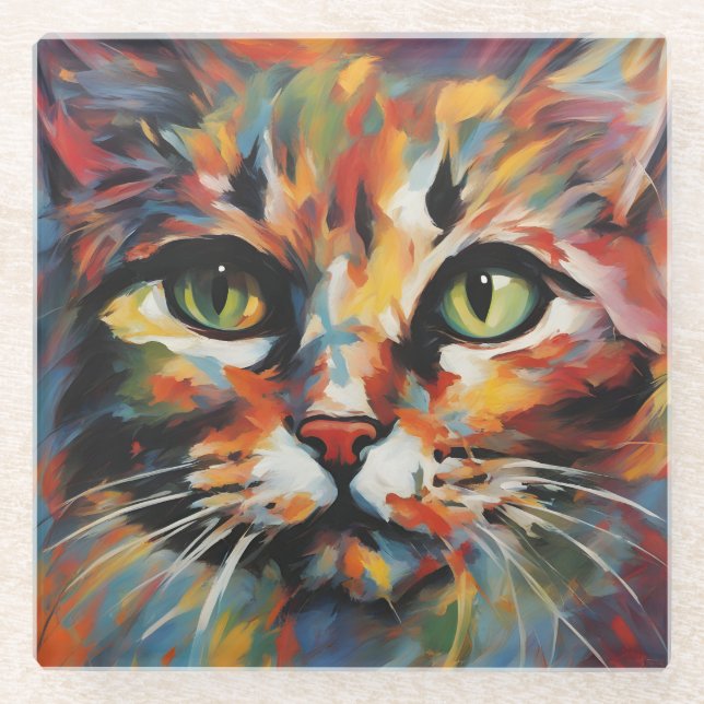 Posavasos De Vidrio Pintura de gato (Anverso)