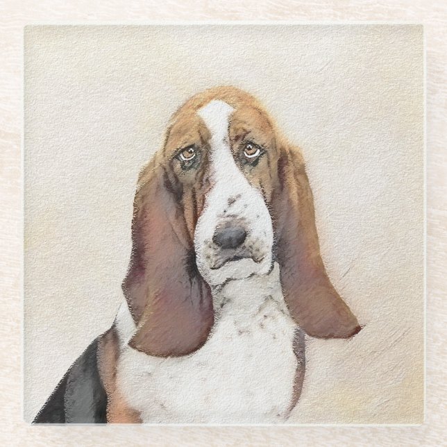Posavasos De Vidrio Pintura de hebilla de basset - Arte de perro origi (Anverso)