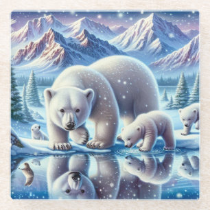 Posavasos De Vidrio Pintura de la escena nevada de la familia de osos
