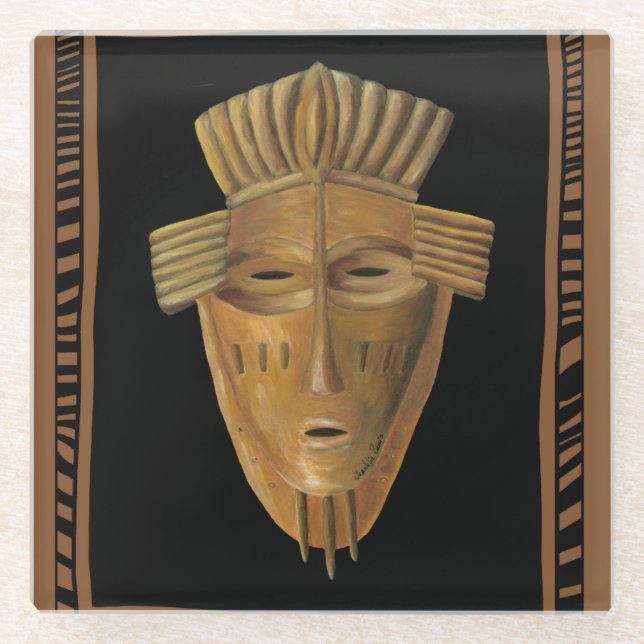 Posavasos De Vidrio Pintura de máscara africana de Chariklia Zarris (Anverso)