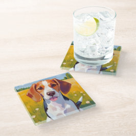 Posavasos De Vidrio Pintura de mascota de perro Beagle en acuarela