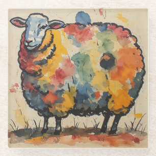 Posavasos De Vidrio Pintura de oveja juguetona en acuarela