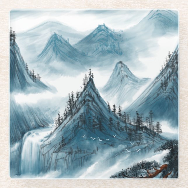 Posavasos De Vidrio Pintura de paisajes de Chinoiserie azul clásico (Anverso)