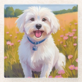 Posavasos De Vidrio Pintura de perro maltés en campo de flores