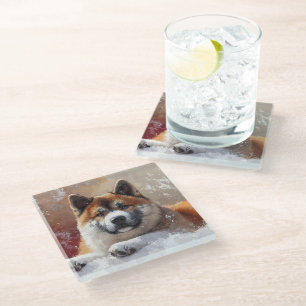 POSAVASOS DE VIDRIO PINTURA DE UN HERMOSO PERRO AKITA