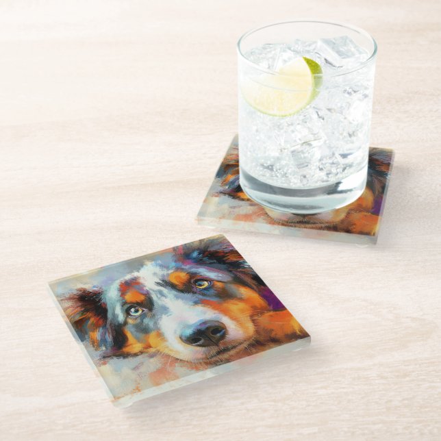 POSAVASOS DE VIDRIO PINTURA DE UN PERRO DE SHEPHERD AUSTRALIANO (Angular)