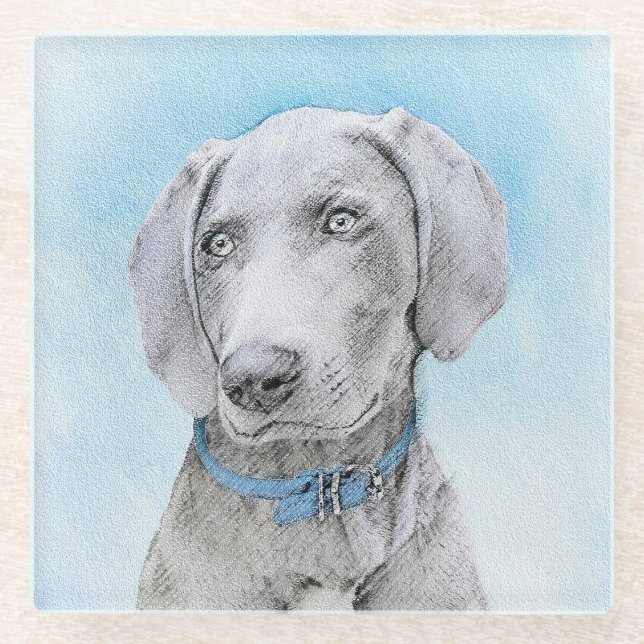 Posavasos De Vidrio Pintura de Weimaraner - Arte de Perro Original. (Anverso)