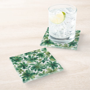 Posavasos De Vidrio Pintura en Acuarela Botánica Floral Jardín Verde