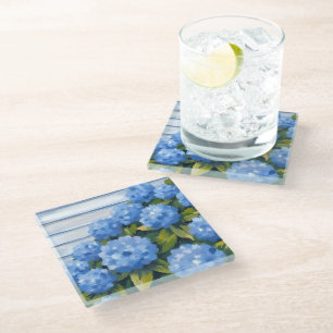Posavasos De Vidrio Pintura floral de hortensias azules arbustos