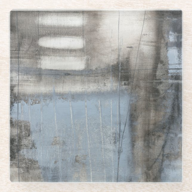 Posavasos De Vidrio Pintura gris y azul abstracta (Anverso)