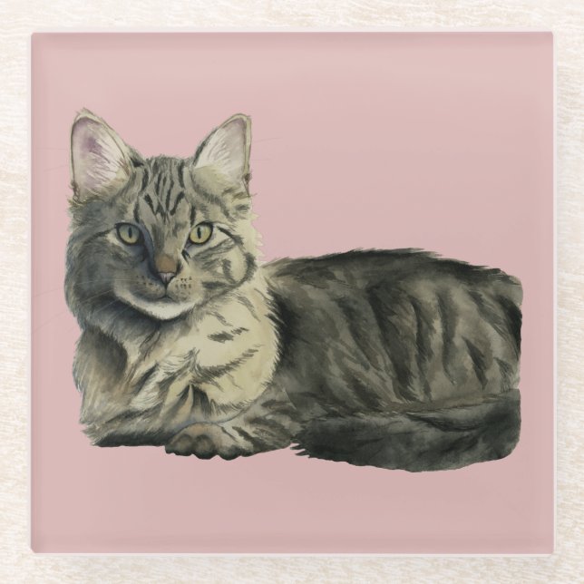 Posavasos De Vidrio Pintura mullida de la acuarela del gato (Anverso)
