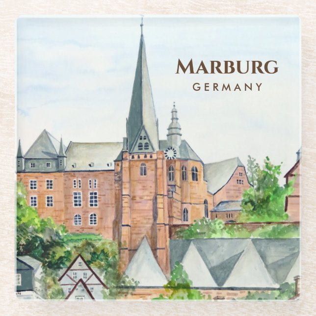 Posavasos De Vidrio Pintura panorámica de Marburg Altstadt Alemania (Anverso)