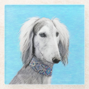 Posavasos De Vidrio Pintura Saluki (plateada) - Arte Perro Original.