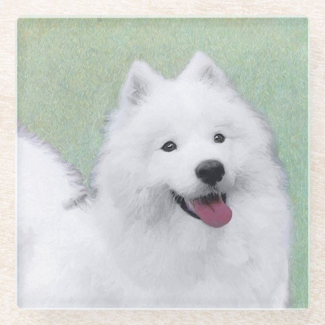 Posavasos De Vidrio Pintura Samoyed - Arte Perro Original Cuto (Anverso)