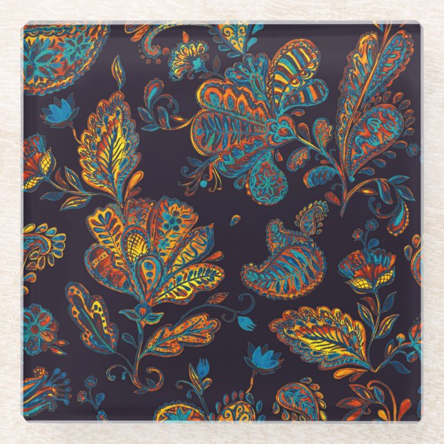 Posavasos De Vidrio Pisley acuarela: teja de patrón floral (Anverso)