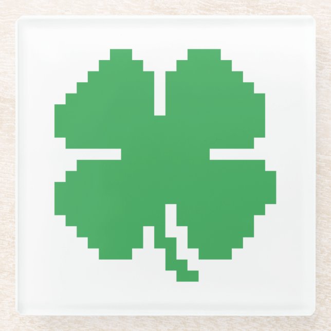Posavasos De Vidrio Pixel Lucky Four Leaf Clover de 8 bits (Anverso)