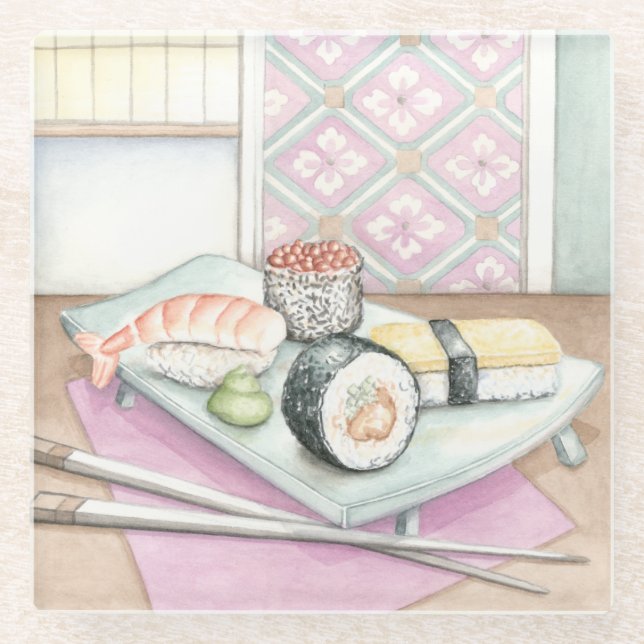 Posavasos De Vidrio Placa del sushi clasificado con los palillos (Anverso)