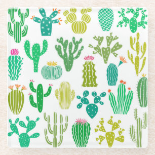 Posavasos De Vidrio Planta de cactus: conjunto floral vintage.