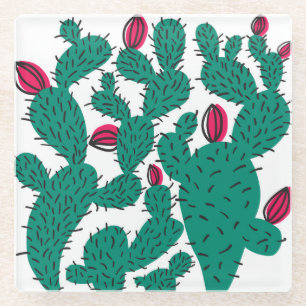 Posavasos De Vidrio Planta de cactus, patrón inoxidable verde vintage.