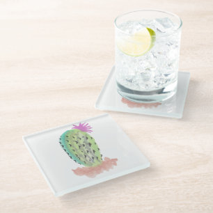 Posavasos De Vidrio Planta de Cactus Pintada a Mano Acuarela Rosa Verd