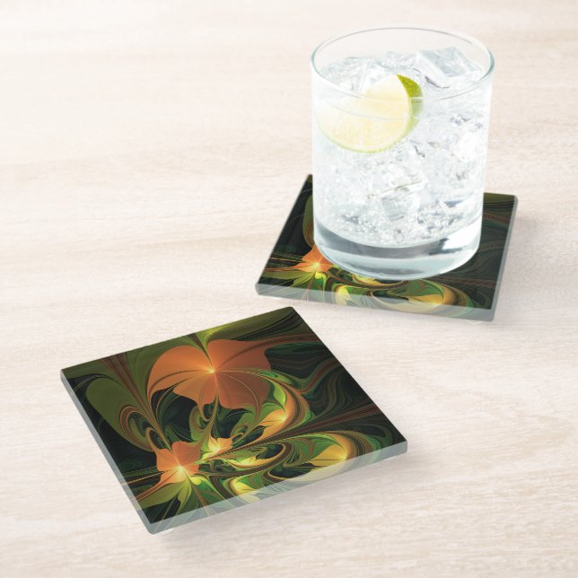 Posavasos De Vidrio Planta de fantasía Resumen Fractal Verde Rust Brow (Angular)