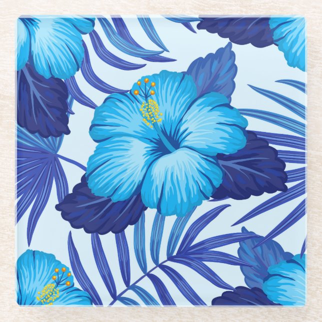 Posavasos De Vidrio Plantas tropicales hawaianas, patrón de hibiscos. (Anverso)