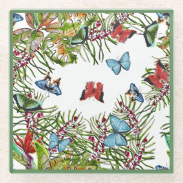 Posavasos De Vidrio Plantas tropicales Mariposas Berries Azul Rojo